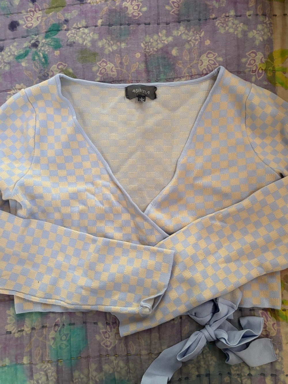 Anthropologie Light Blue and Cream Checkered Wrap Top